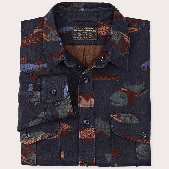 Filson Alaskan Guide Fish Print Navy Blue Long Sleeve Button Shirt L